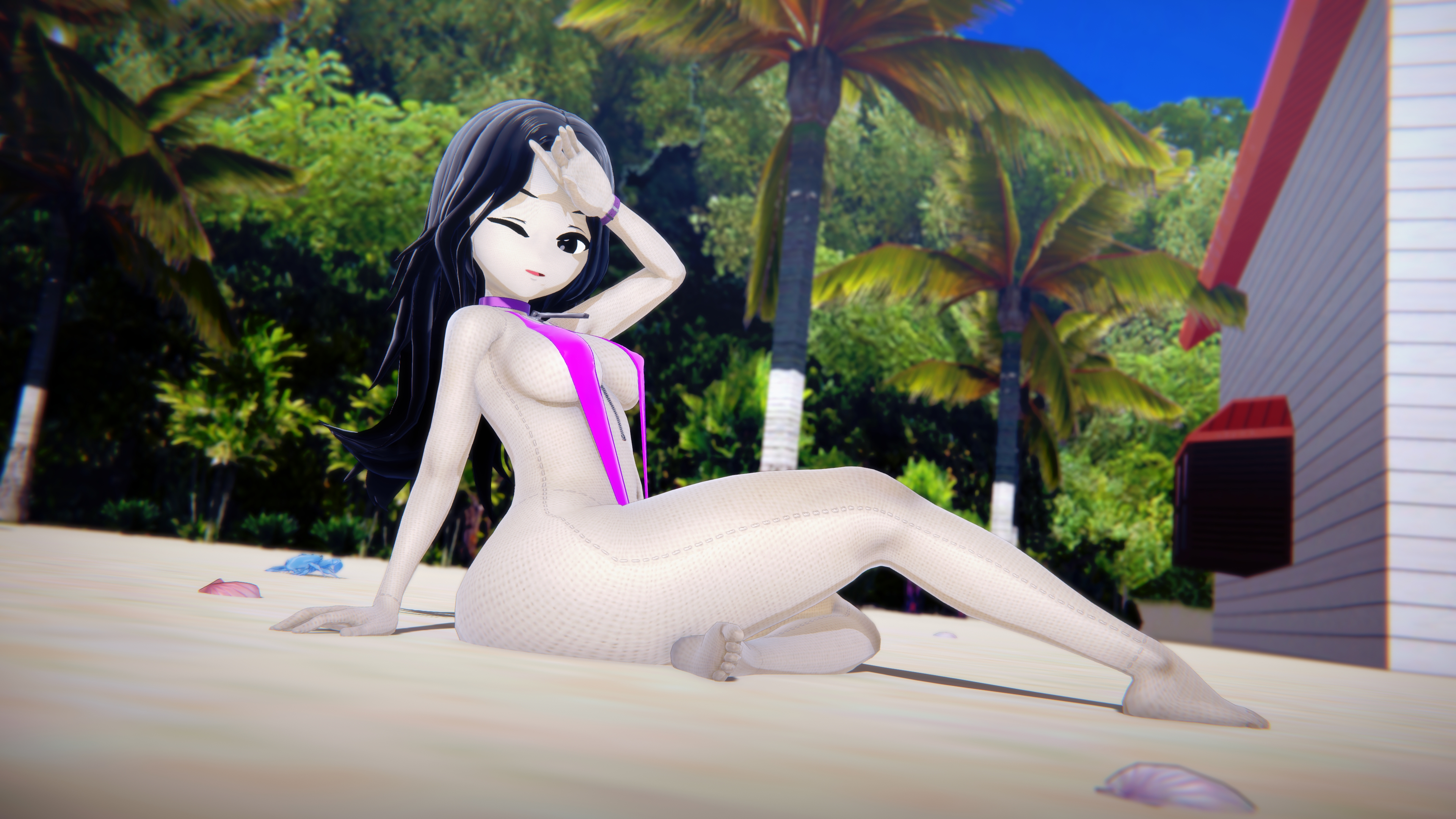 Lily s Vacation  Swimsuit Slingkini Non-nude Original Character Beach Ass Black Hair 3d Porn 1girl Tattoo 3