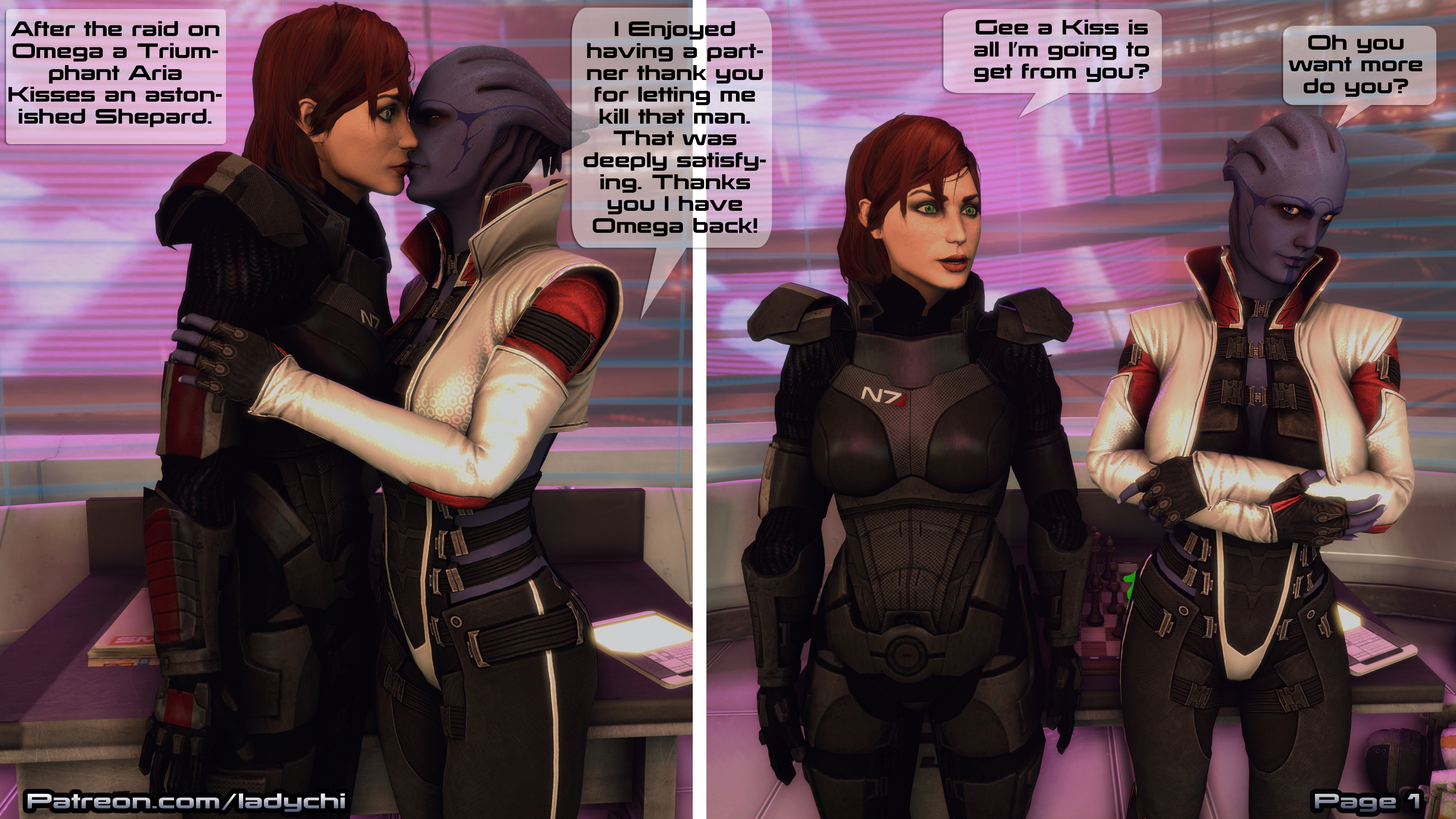 Pages 1-3 of  Omega s bitch!  Mass Effect Asari (mass Effect) Commander Shepard Videogame Lesbian Lesbians Rule34 Red Hair Comic Sfm