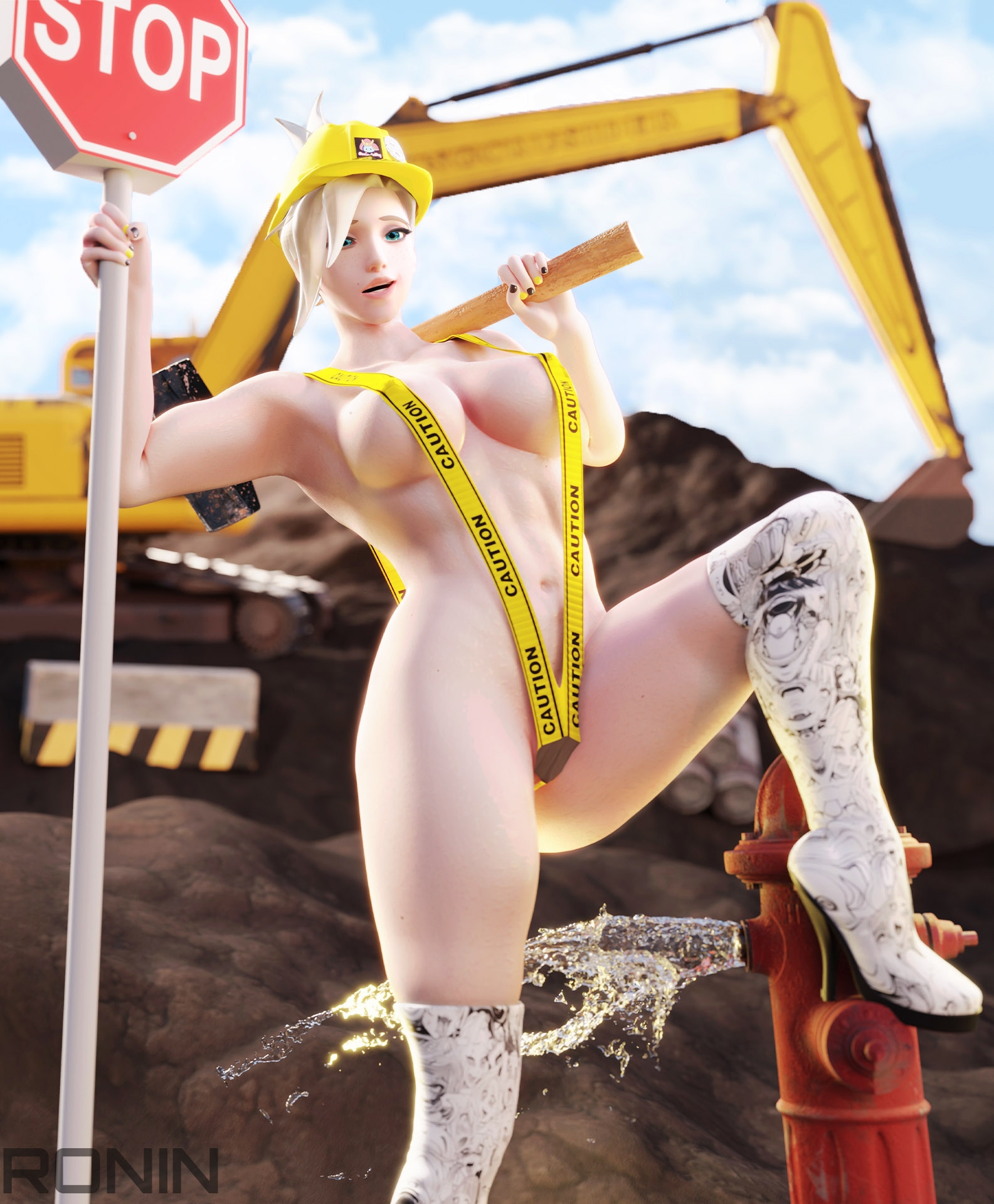 Construction pinup Mercy Overwatch 3d Porn Nude Big boobs Naked Pose Sexy 5