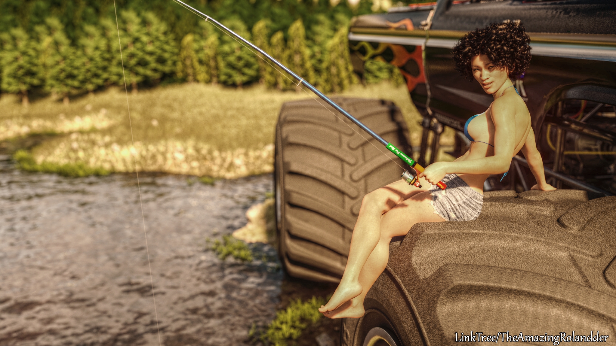 Woman fishing with a fishing pole while reclining on a monster truck s tire.