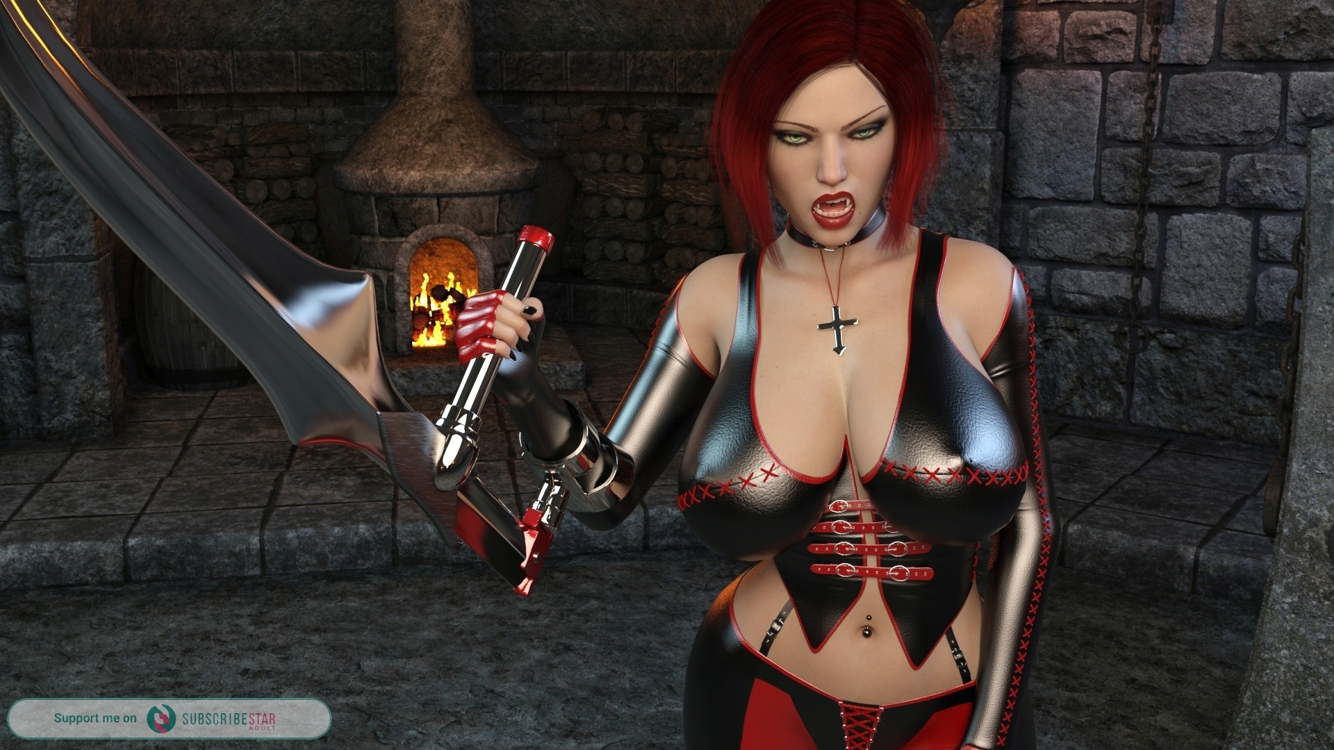 Bloodrayne Weapon Pose Bloodrayne Vampire Red Hair Big boobs Nipple Piercing