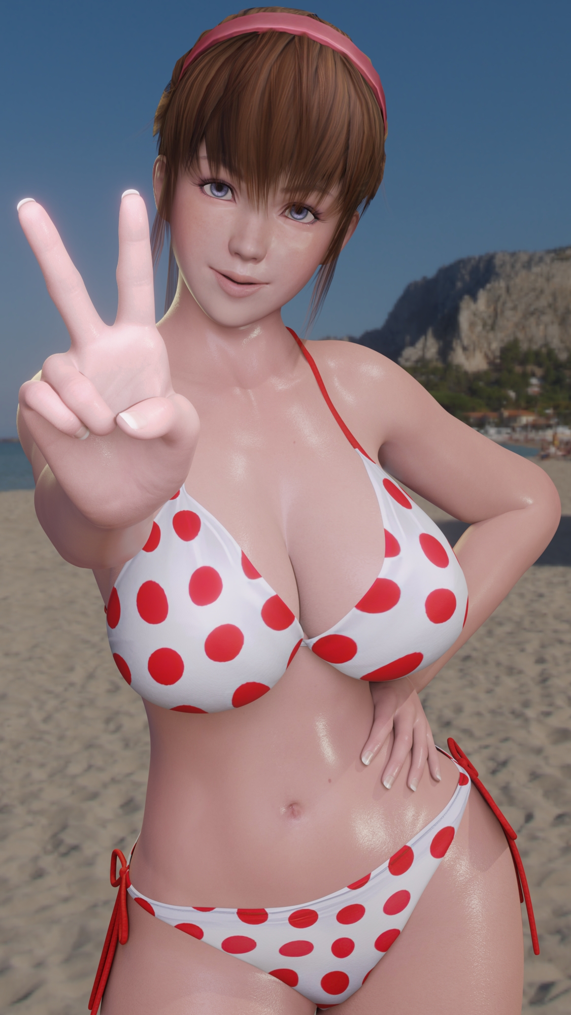 Hitomi at beach Hitomi Dead Or Alive Peace Sign Big Tits Big Ass Big Breasts Pose Posing Looking At Viewer 2