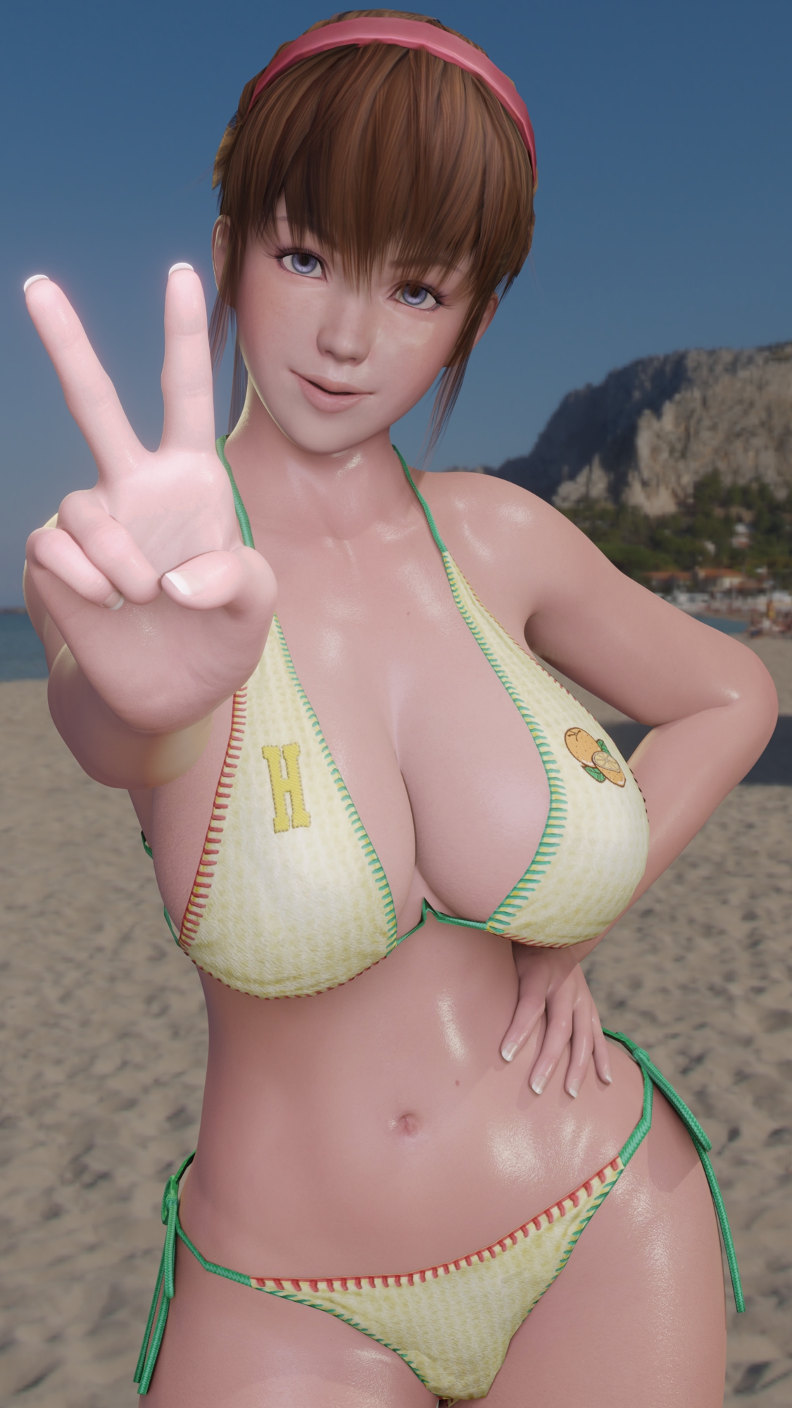 Hitomi at beach Hitomi Dead Or Alive Peace Sign Big Tits Big Ass Big Breasts Pose Posing Looking At Viewer 3