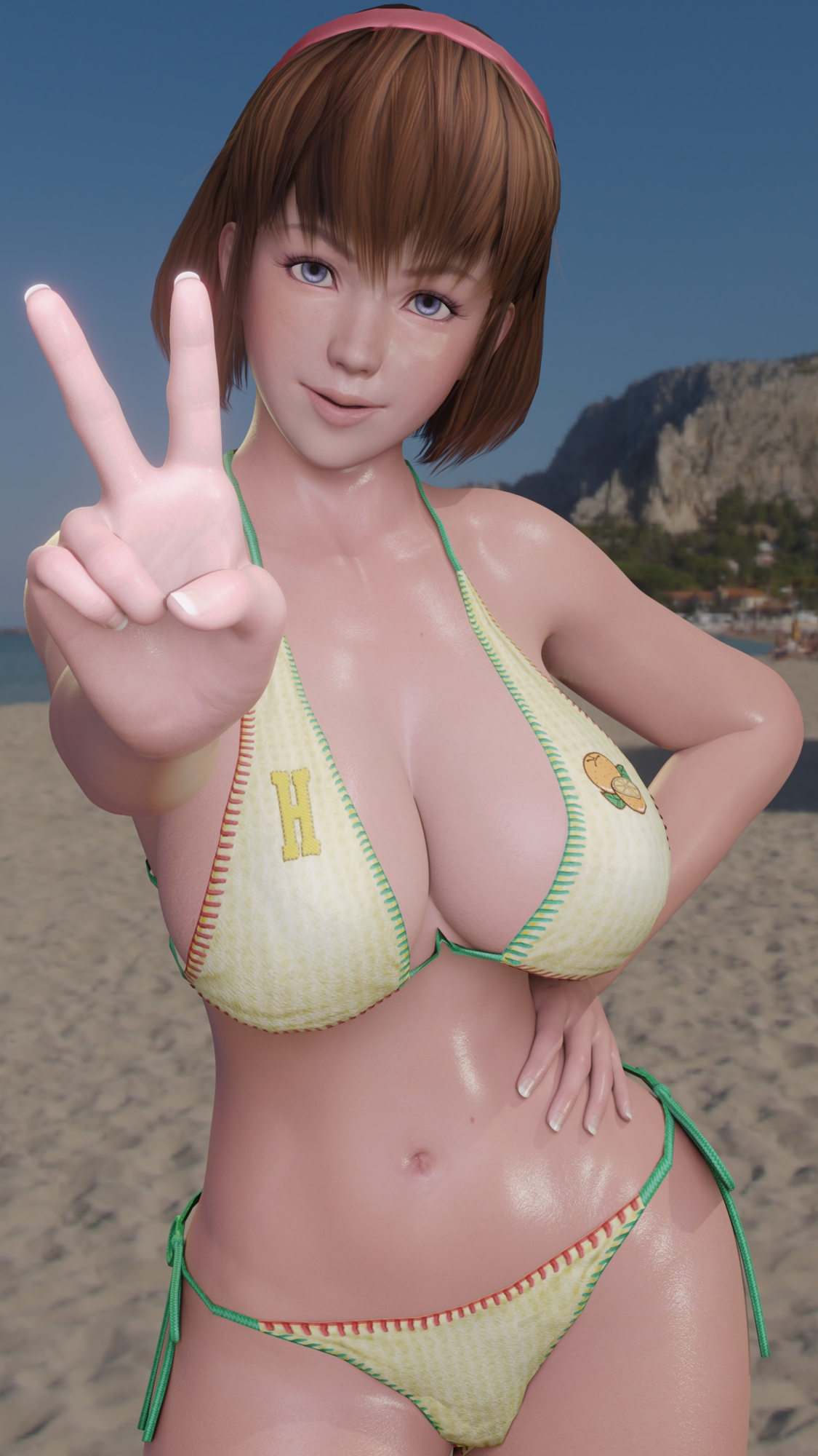 Hitomi at beach Hitomi Dead Or Alive Peace Sign Big Tits Big Ass Big Breasts Pose Posing Looking At Viewer 5
