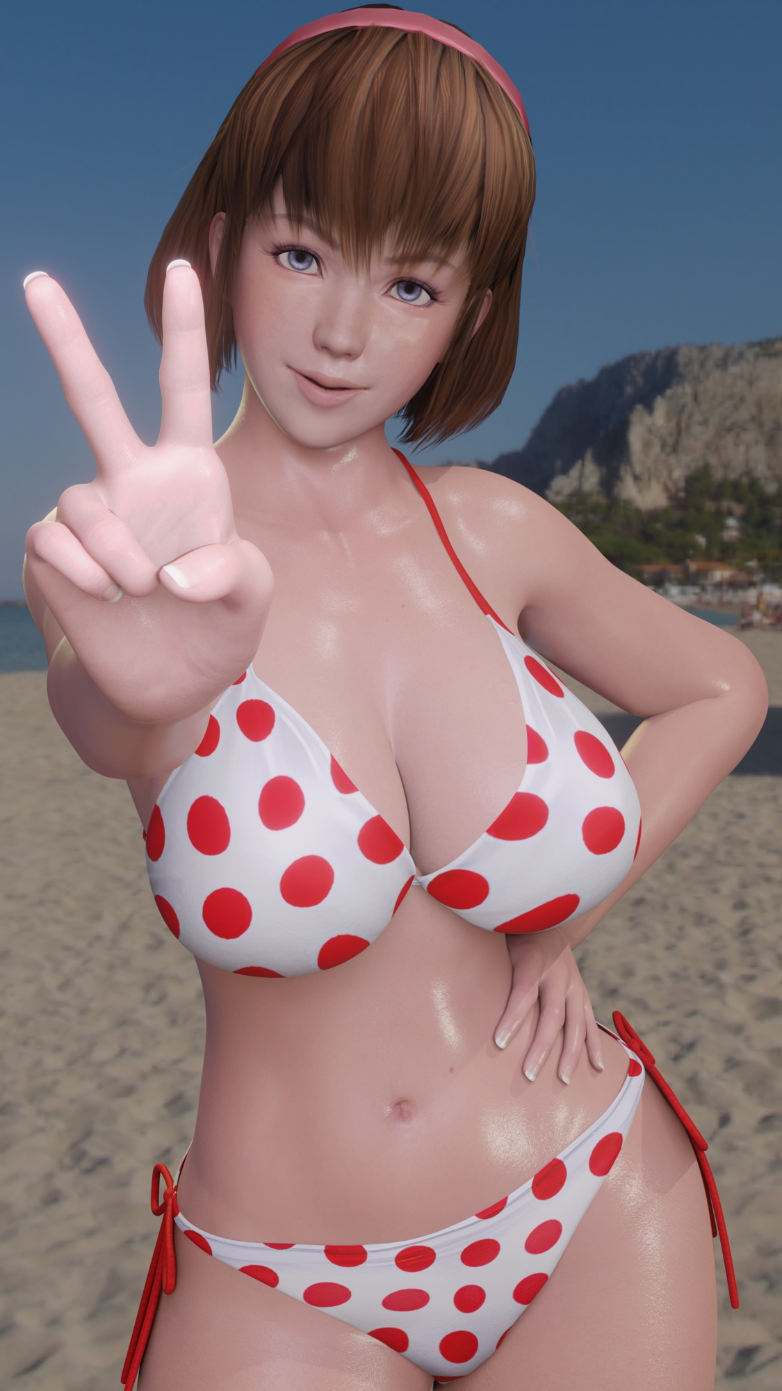Hitomi at beach Hitomi Dead Or Alive Peace Sign Big Tits Big Ass Big Breasts Pose Posing Looking At Viewer 6