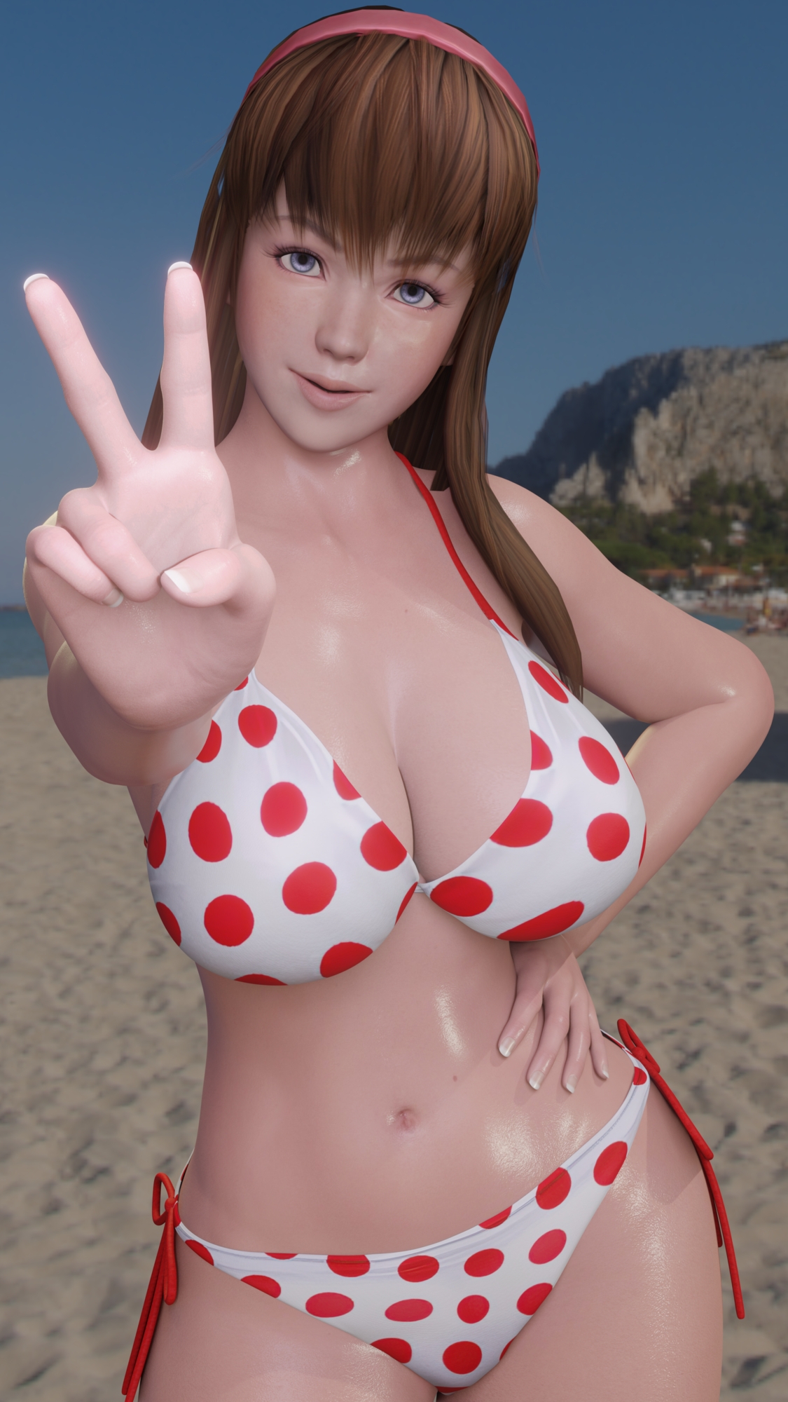 Hitomi at beach Hitomi Dead Or Alive Peace Sign Big Tits Big Ass Big Breasts Pose Posing Looking At Viewer 8
