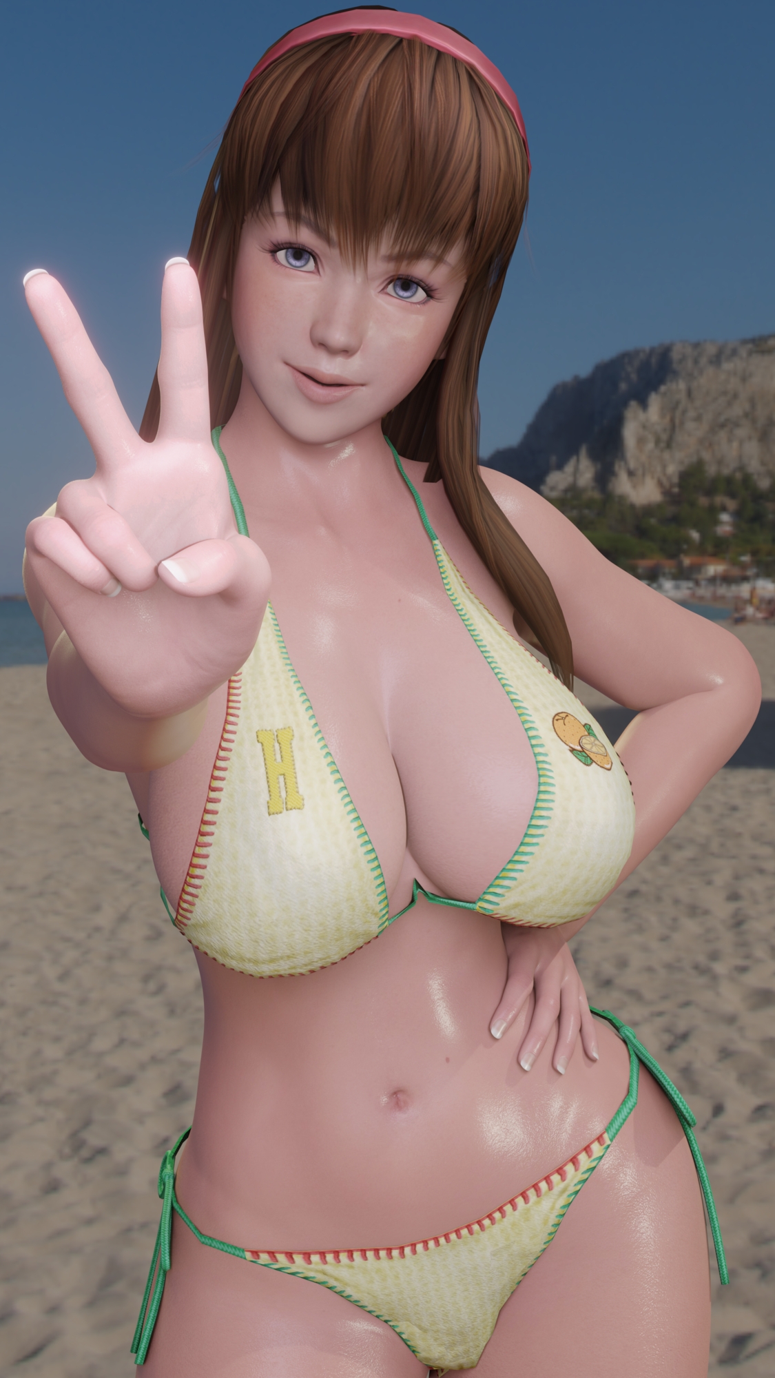 Hitomi at beach Hitomi Dead Or Alive Peace Sign Big Tits Big Ass Big Breasts Pose Posing Looking At Viewer 9