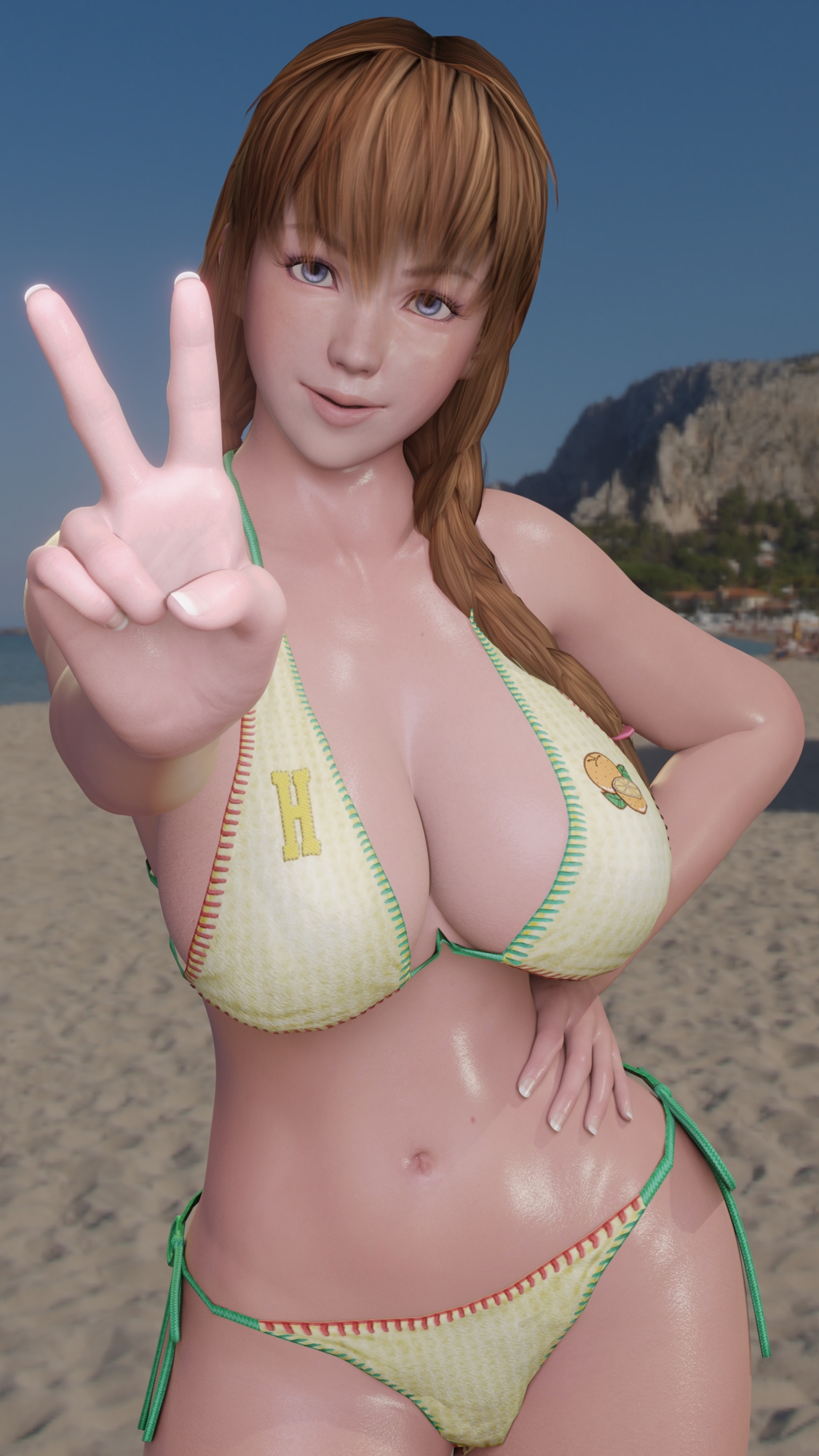 Hitomi at beach Hitomi Dead Or Alive Peace Sign Big Tits Big Ass Big Breasts Pose Posing Looking At Viewer 11