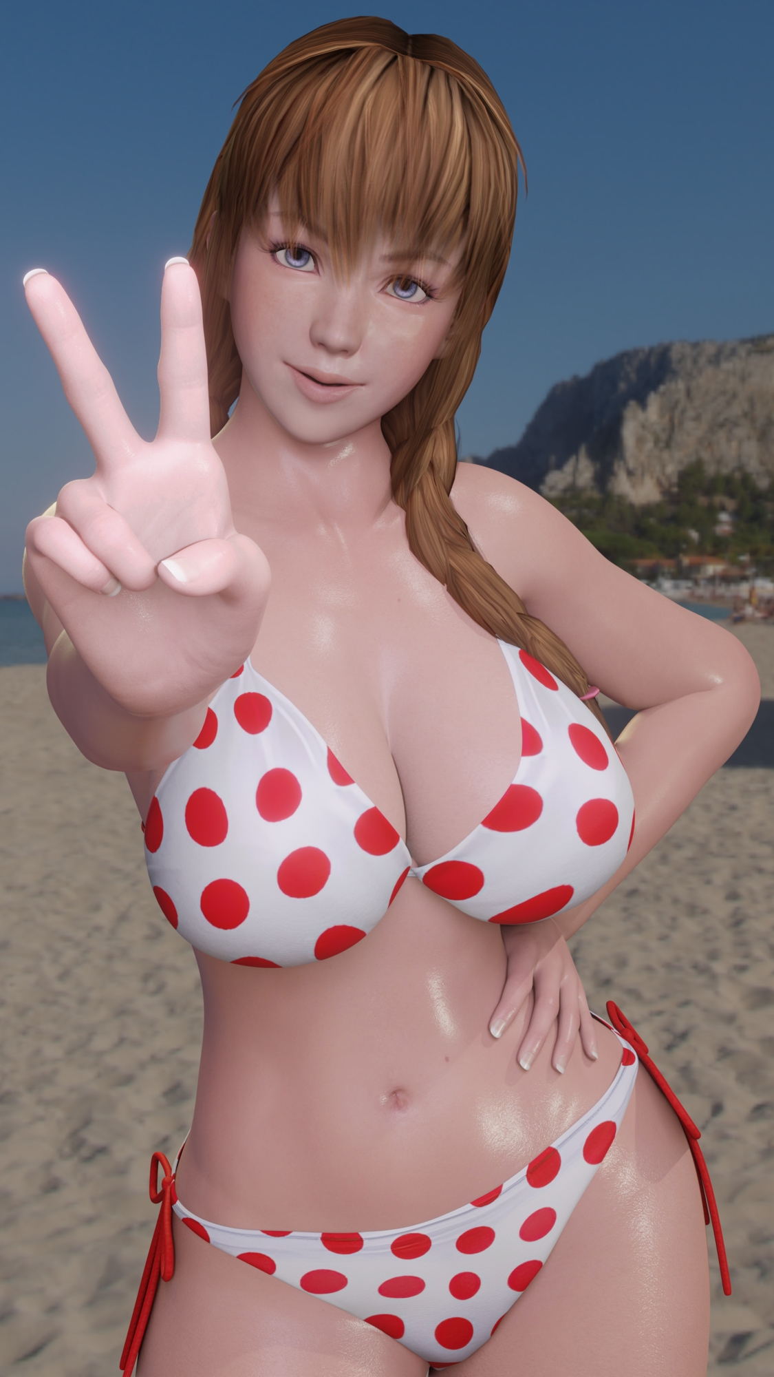 Hitomi at beach Hitomi Dead Or Alive Peace Sign Big Tits Big Ass Big Breasts Pose Posing Looking At Viewer 12