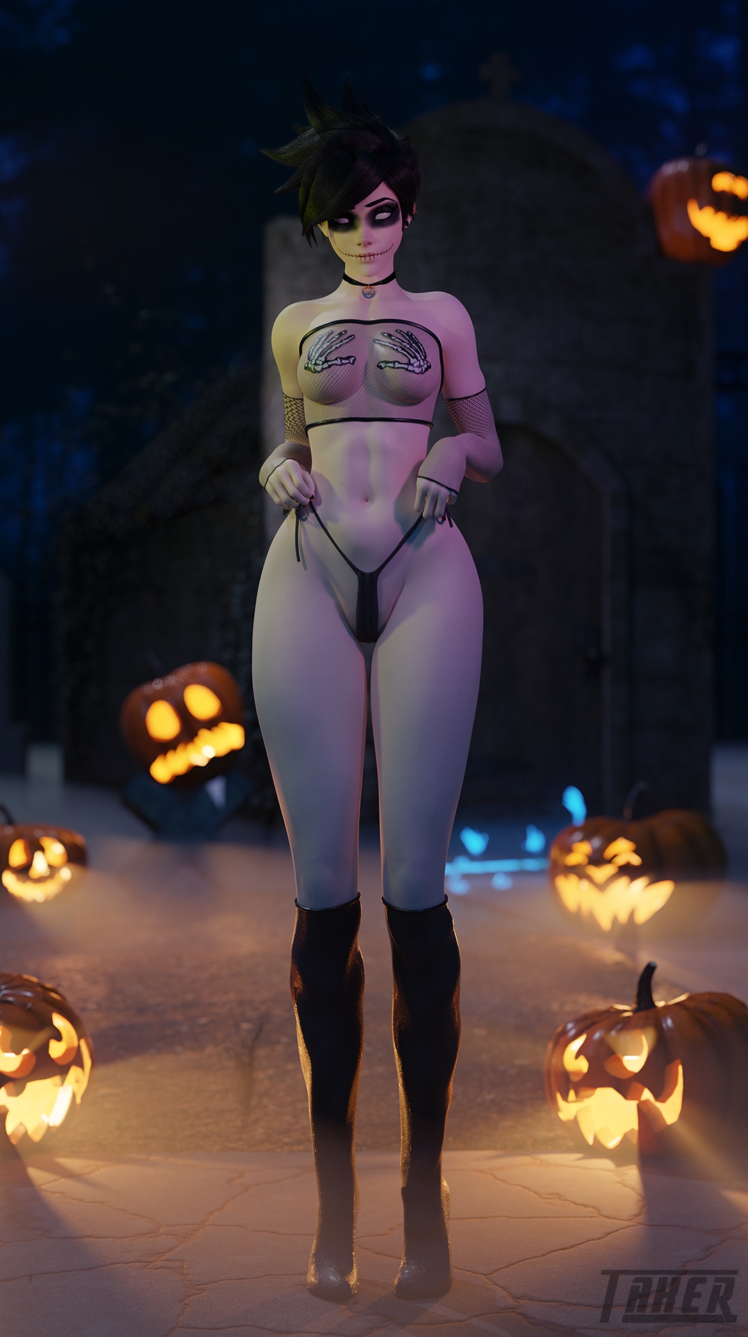 Spooky Tracer Tracer Overwatch Costume Lingerie Naked Small Boobs Abs Pussy 2