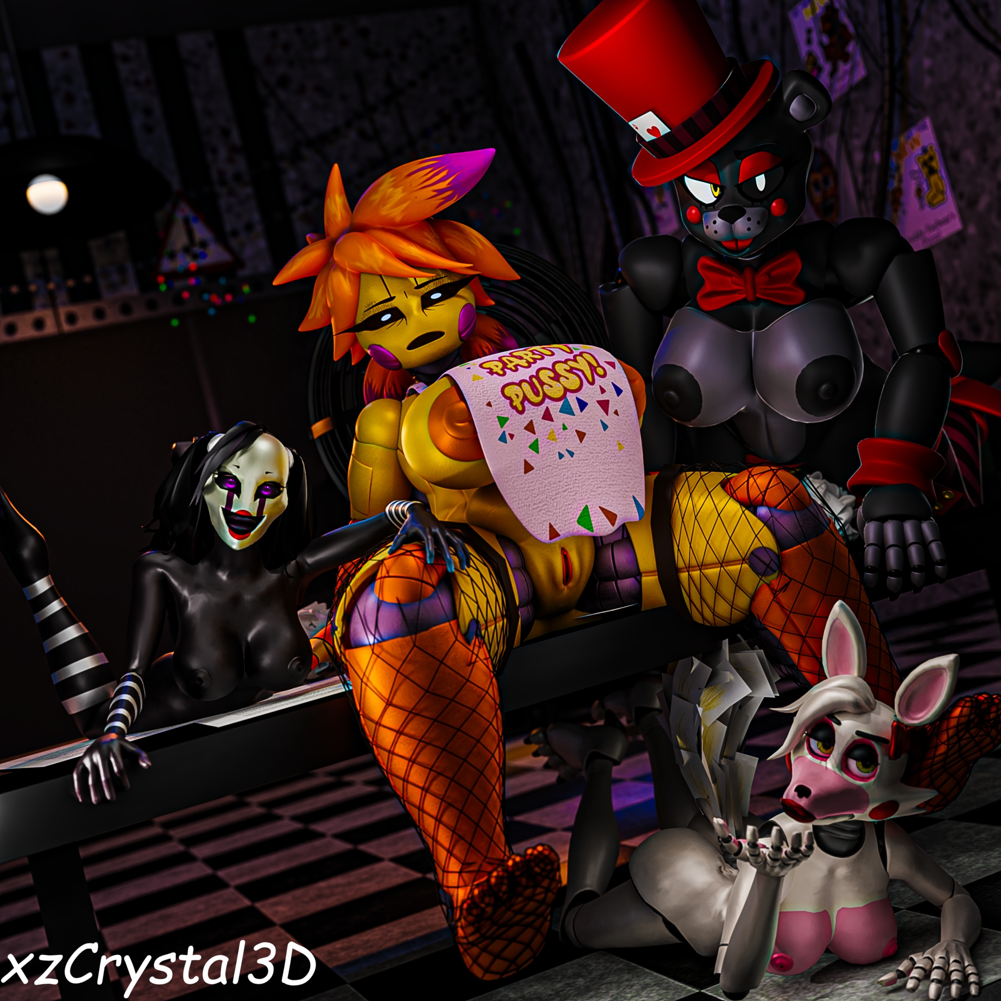 Welcome To Five Nights At Freddys Fnaf Five Nights At Freddys Chica (fivenightsatfreddys) Mangle Chica Puppet (fivenightsatfreddys) Robot Female Furry Anthro Yiff Rule34 R34 Pose