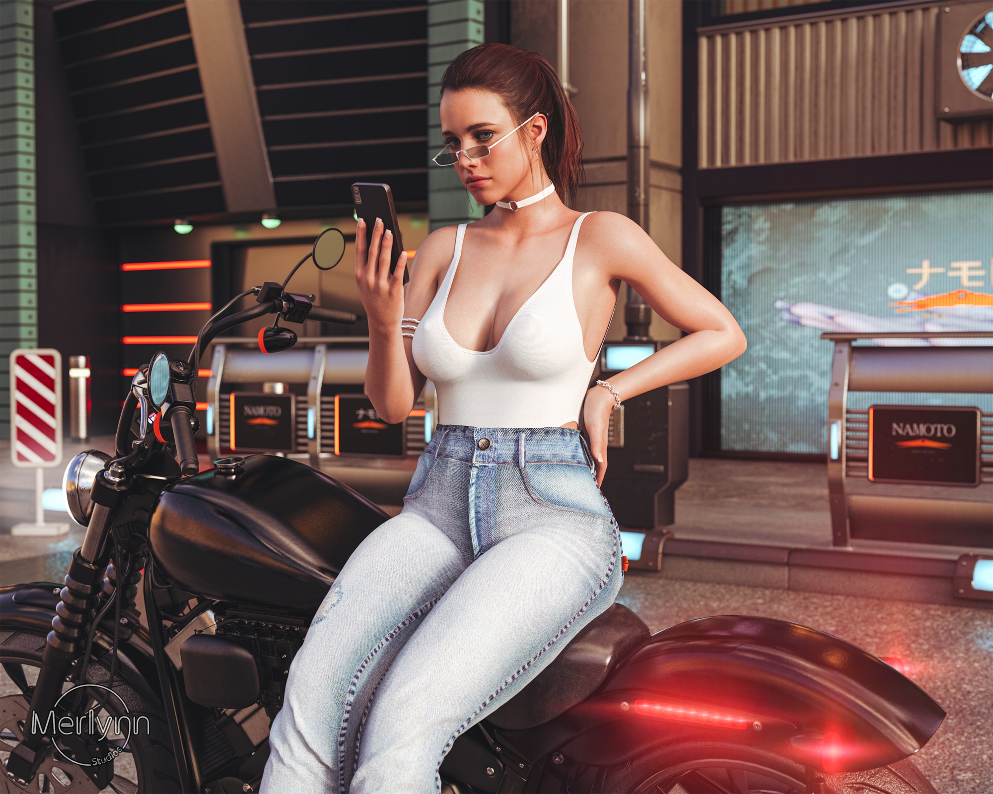  What ur lookin at?  Mama Death Stranding Videogame Game Sexy Big Tits Big Breasts Cleavage Motorcycle Jeans Smartphone Hot Brunette