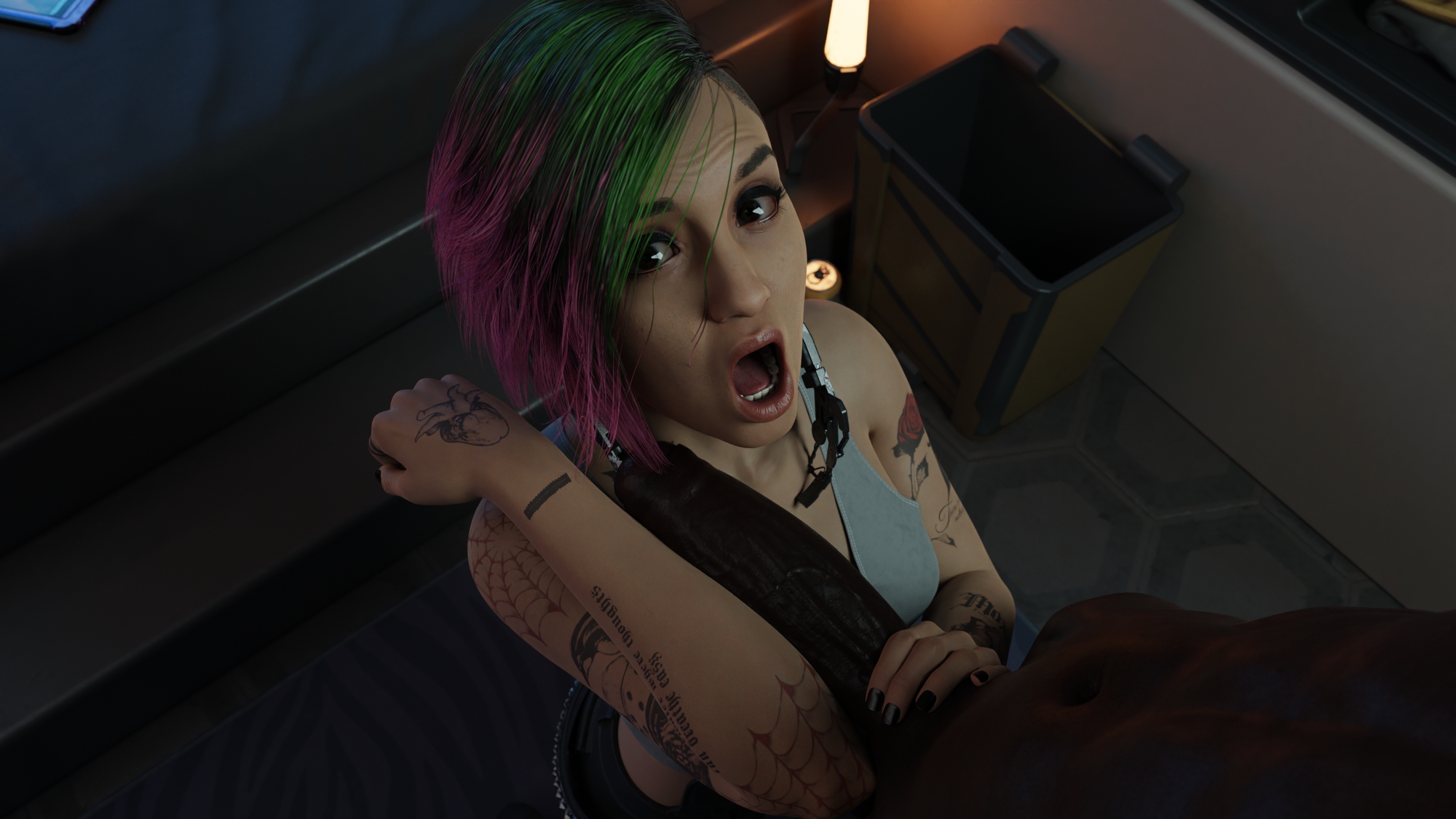 Judy Surprised By seeing this Big Black Cock Judy Alvarez Cyberpunk2077 3dnsfw Surprised Black Cock Bbc Colored Hair Small Tits Tattoo Arm Size Clothed