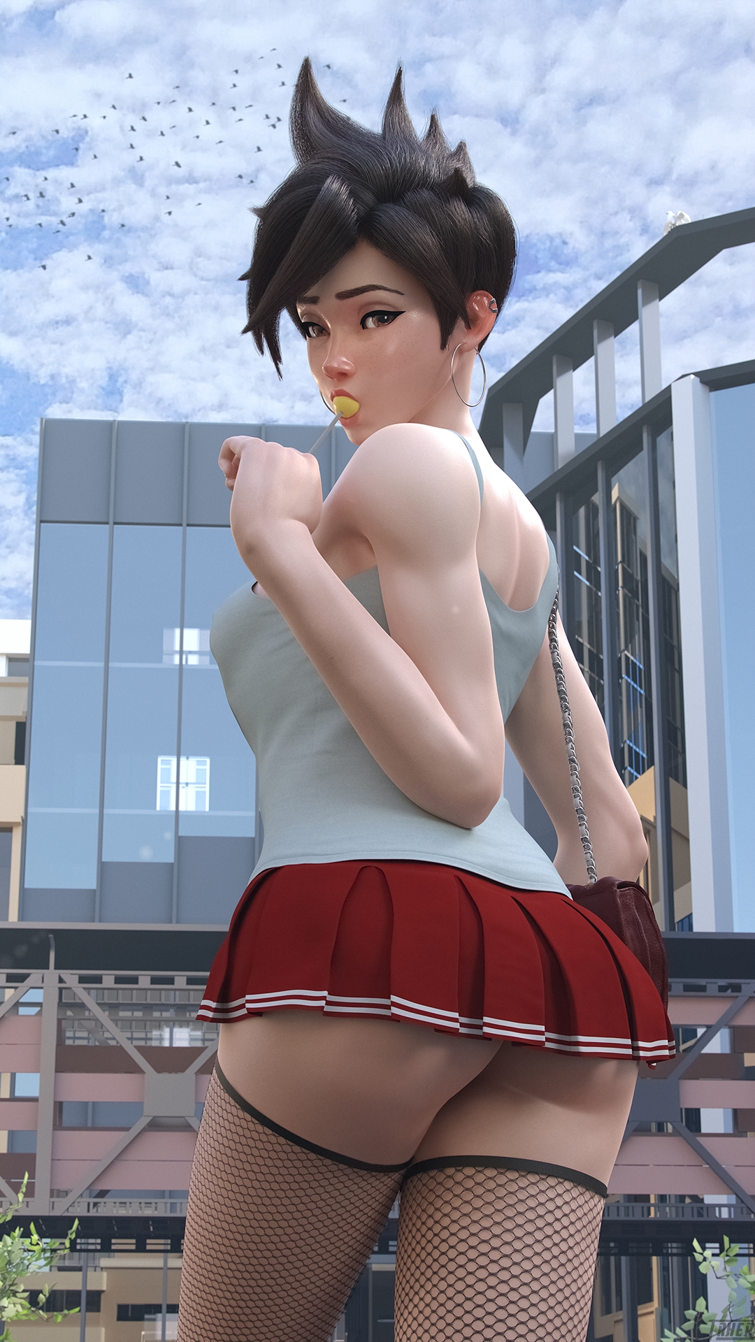 Tracer:   Thanks for agreeing to go shopping with me  Overwatch Tracer Short Hair Tall Girl Small Tits Bubble Butt Lolipop Fishnet Stockings Nudity Partially_clothed Handbag Miniskirt
