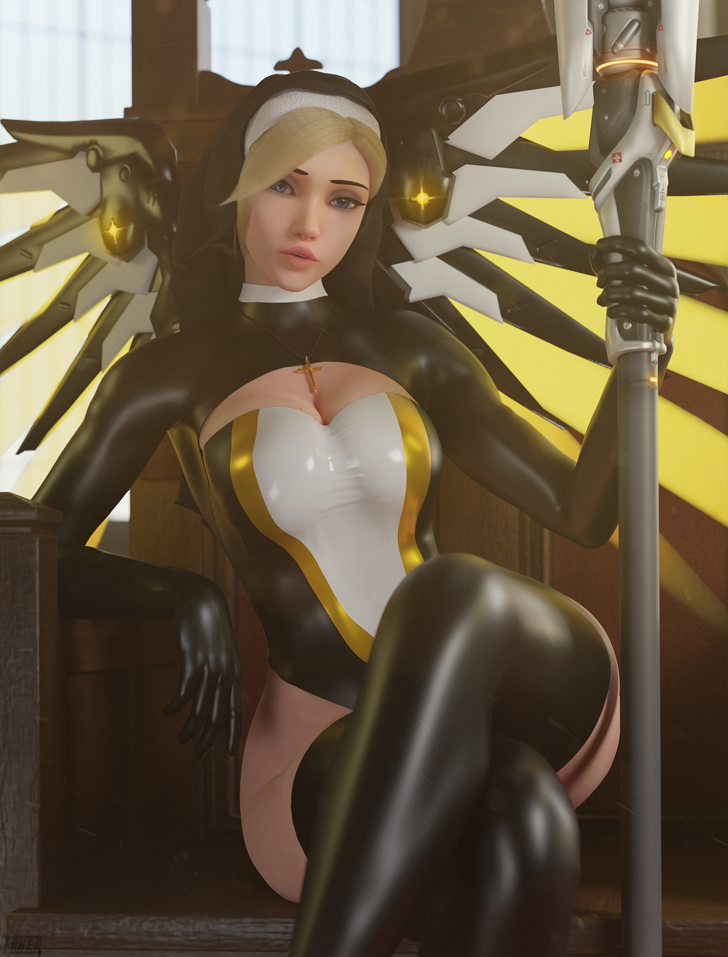 Nun Mercy Mercy Overwatch Blond Hair Big boobs Latex Stockings Latex Suit Latex Gloves Nun Wizard Staff Nude Partially_clothed 2
