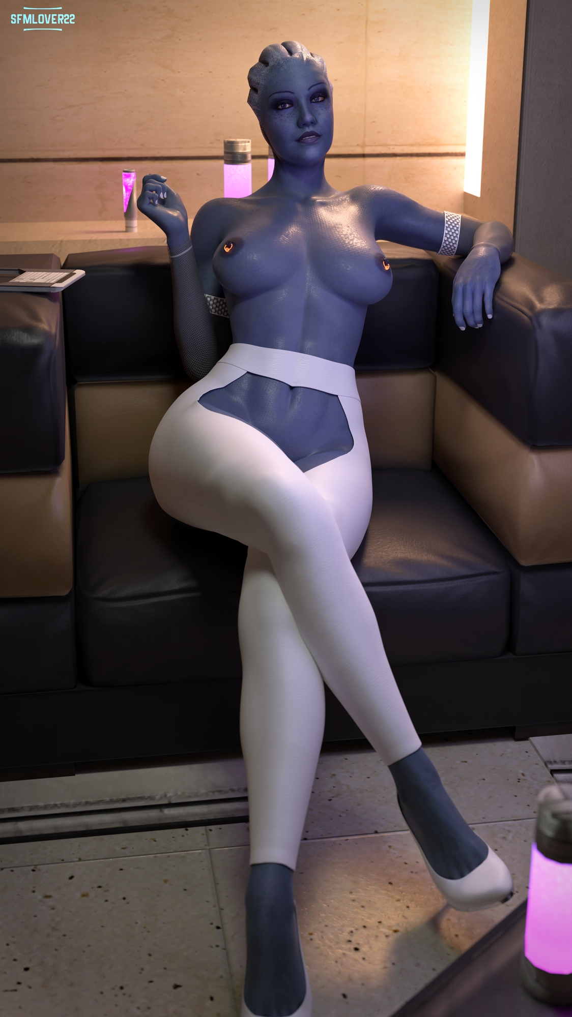Liara Topless Liara Mass Effect 3dnsfw Relaxing Half Naked Nipple Piercing Medium Breasts Blue Skin High Heels Partially_clothed Topless