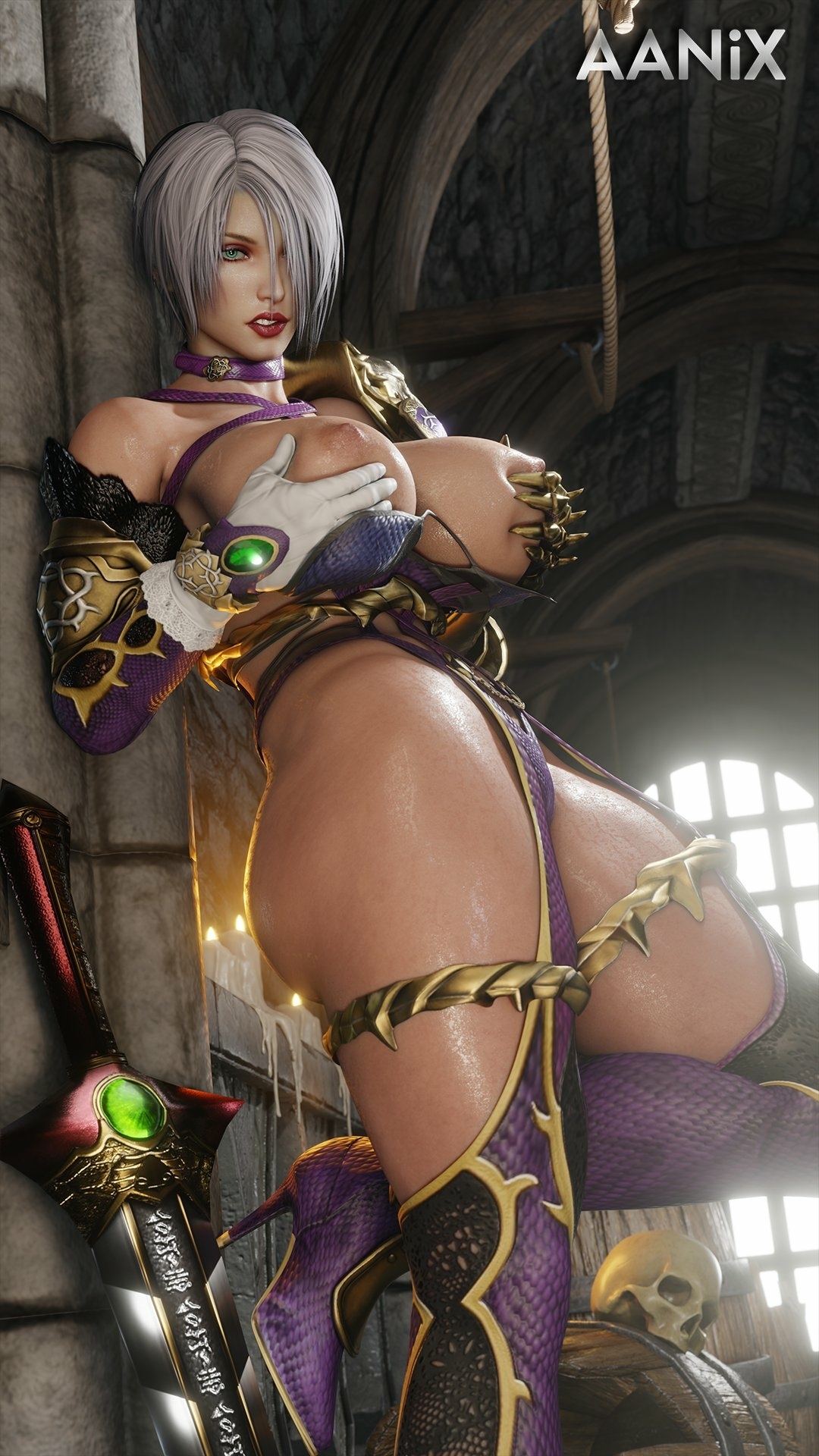 The Queen of sex appeal Ivy Valentine Soul Calibur Big Ass Huge Boobs Half Naked Thick Thighs White Hair Short Hair