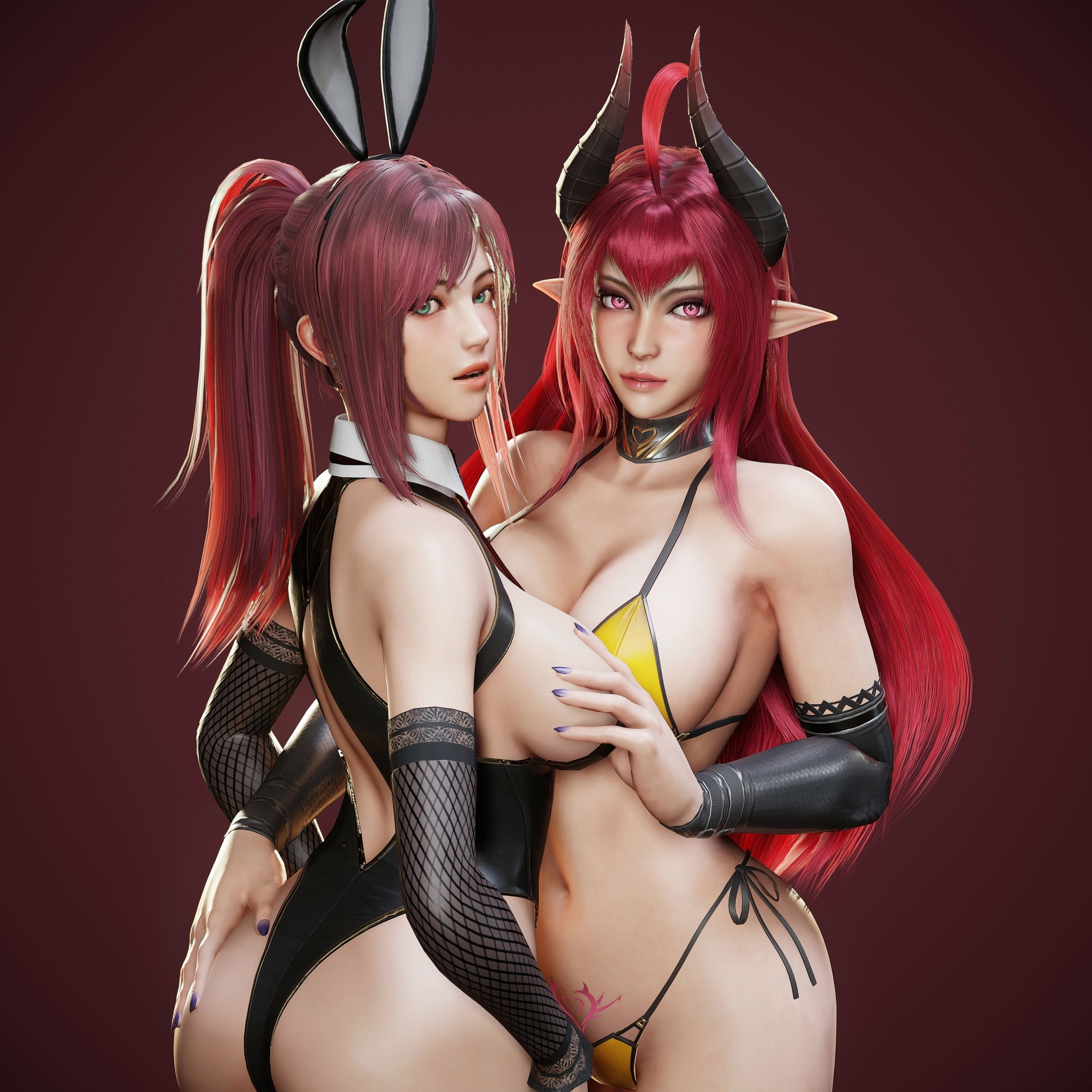 Bunny Irelia and Bunny Primrose 🐰 Original Irelia Daemon Girl Big Tits Fishnet Stockings Succubus Red Hair Bikini Bunny Suit 2