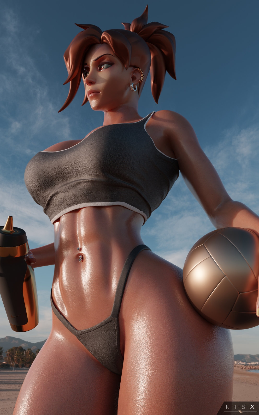 Some alternate lighting on Mercy Mercy Overwatch Sfw Sexy Big Booty Big Tits Sport Sweaty Panties Outfit Beach Tanning Sunset 2