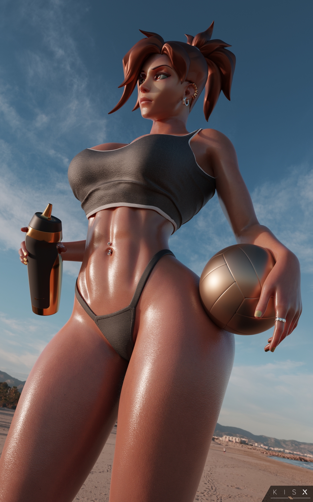 Some alternate lighting on Mercy Mercy Overwatch Sfw Sexy Big Booty Big Tits Sport Sweaty Panties Outfit Beach Tanning Sunset 4