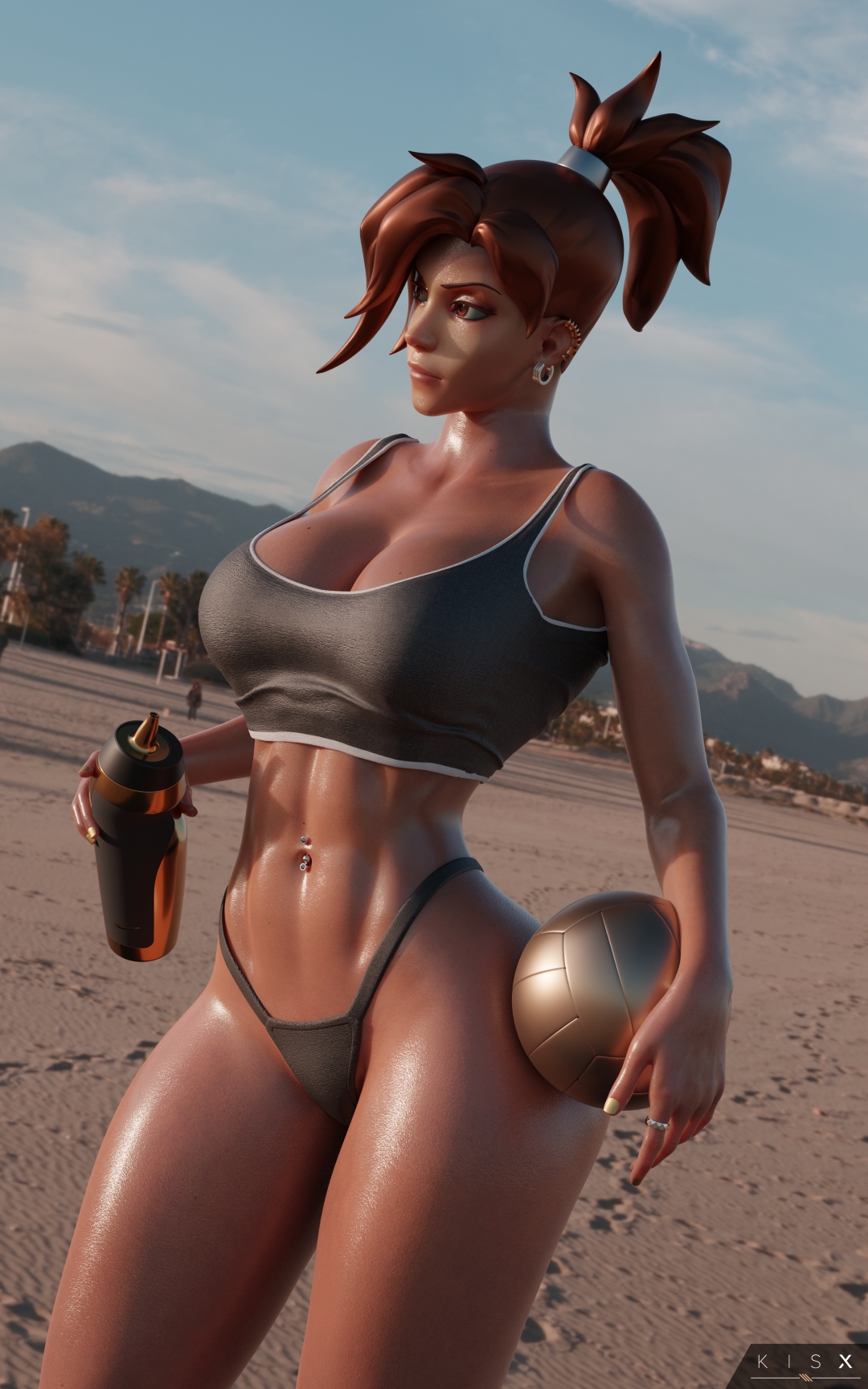 Some alternate lighting on Mercy Mercy Overwatch Sfw Sexy Big Booty Big Tits Sport Sweaty Panties Outfit Beach Tanning Sunset 5
