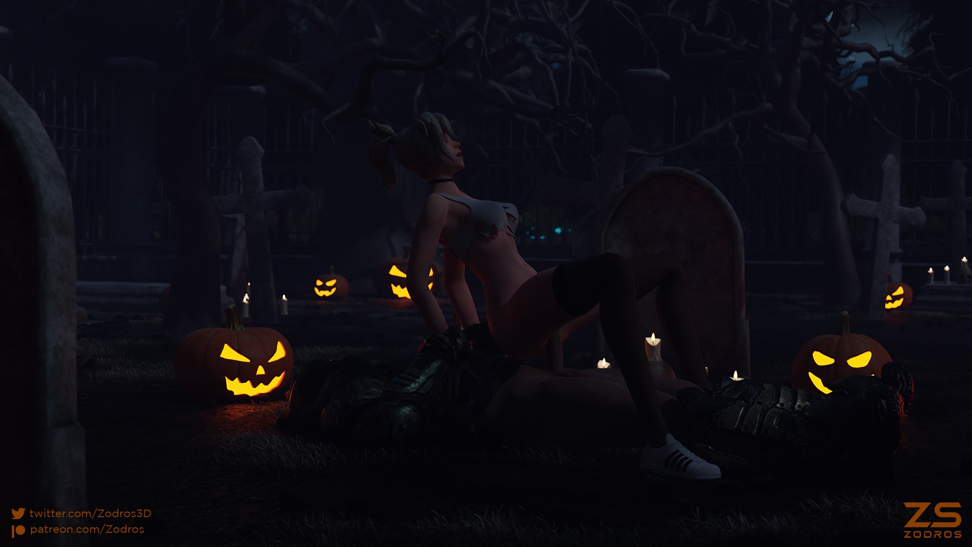 Mercy after party (Halloween) Overwatch Mercy Cowgirl Cowgirl Position Nude Pussy Penetration Big Cock Spread Legs Tanktop On Top Halloween Cemetery Night Pumpkin Legwear 2