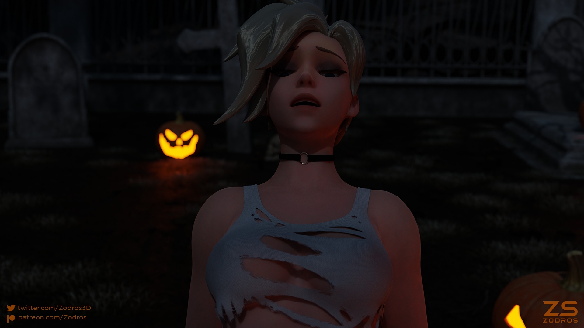 Mercy after party (Halloween) Overwatch Mercy Cowgirl Cowgirl Position Nude Pussy Penetration Big Cock Spread Legs Tanktop On Top Halloween Cemetery Night Pumpkin Legwear 4