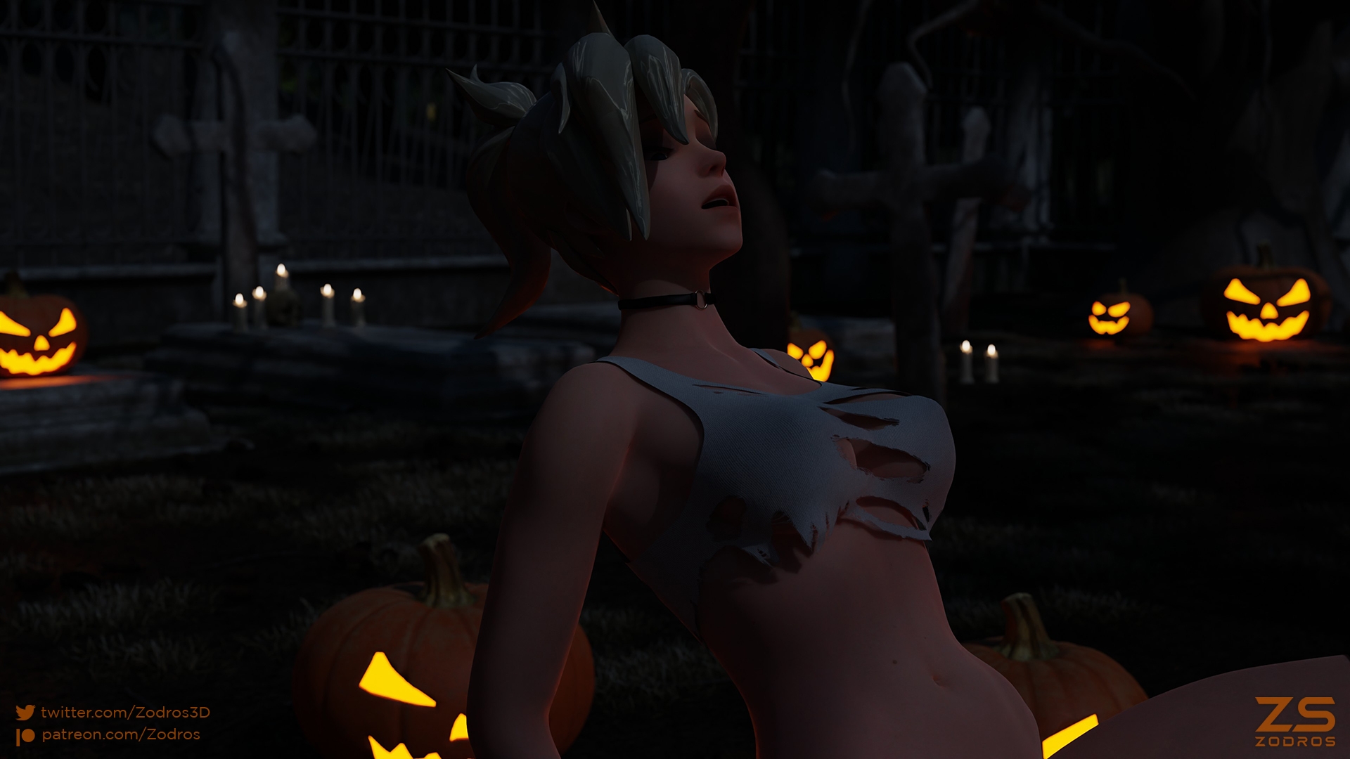 Mercy after party (Halloween) Overwatch Mercy Cowgirl Cowgirl Position Nude Pussy Penetration Big Cock Spread Legs Tanktop On Top Halloween Cemetery Night Pumpkin Legwear 5