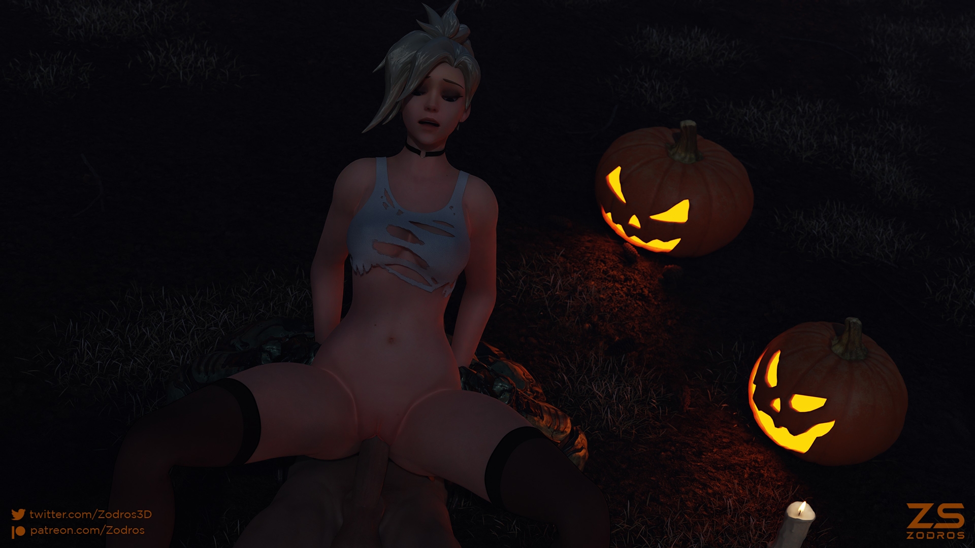 Mercy after party (Halloween) Overwatch Mercy Cowgirl Cowgirl Position Nude Pussy Penetration Big Cock Spread Legs Tanktop On Top Halloween Cemetery Night Pumpkin Legwear 6