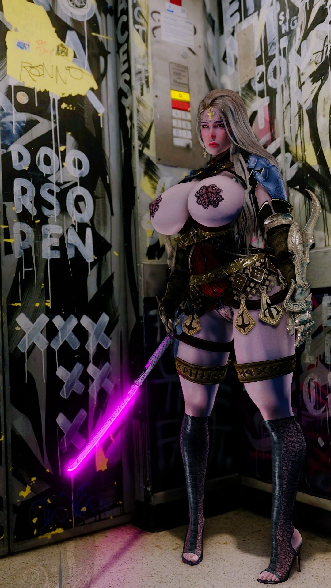 Hot Female Warrior sexy outfit with a purple laser sword Skyrim 3D porn modding Skyrim Female Warrior Blonde Sword Lingerie Armor Pussy Big Tits High Heels Big Legs Muscular Girl Muscles Game Videogame