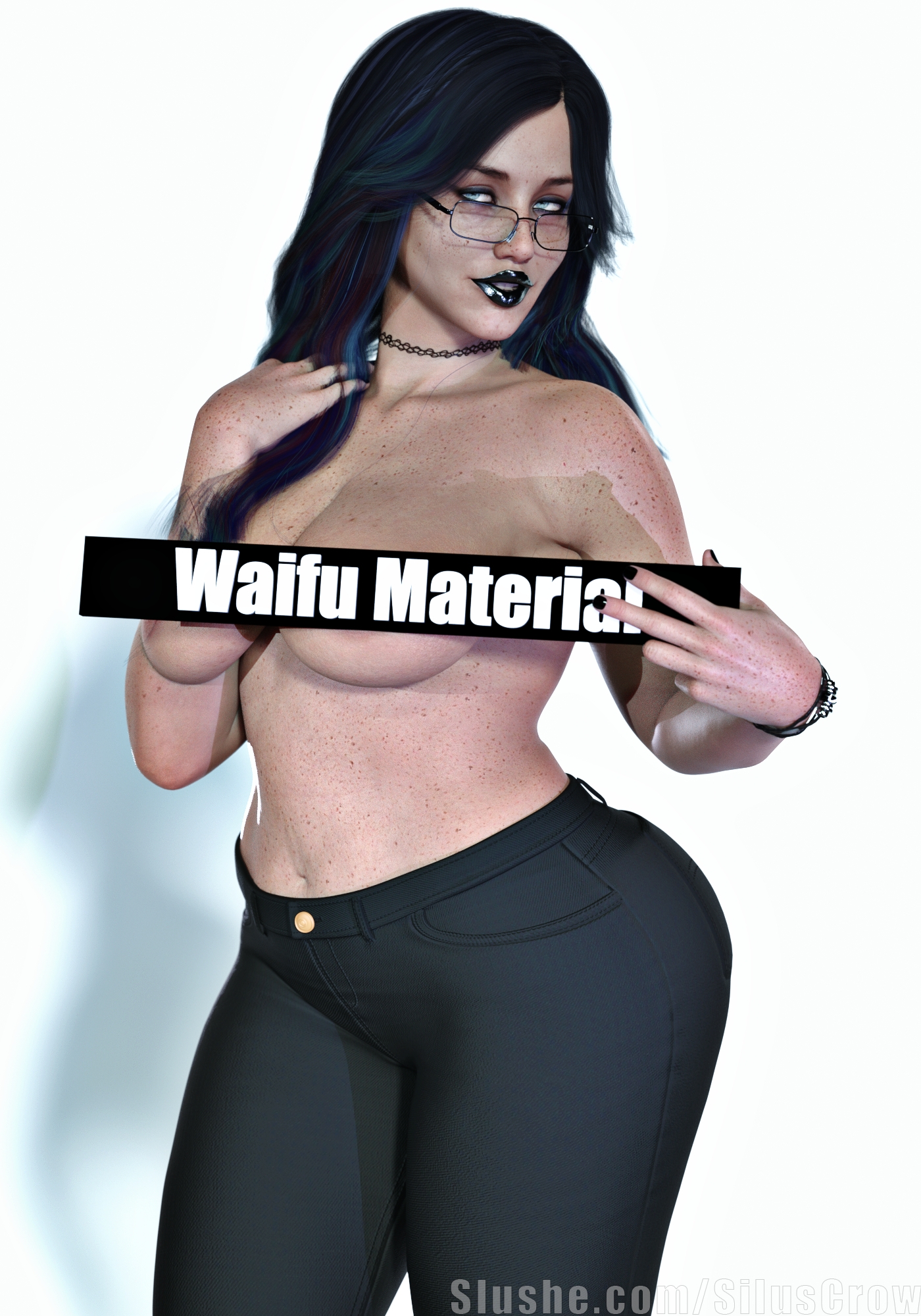 Waifu Material Original Glasses Goth Topless Pinup Solo