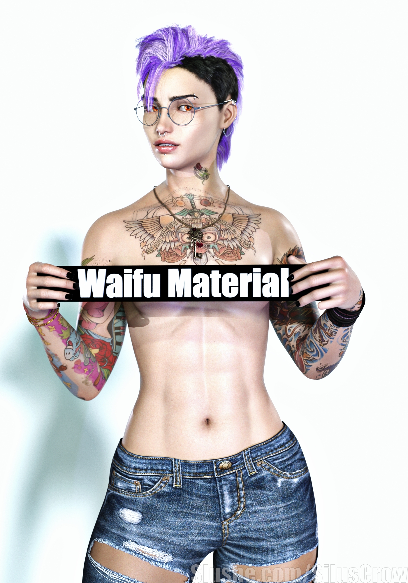 Waifu Material Original Glasses Goth Topless Pinup Solo 3