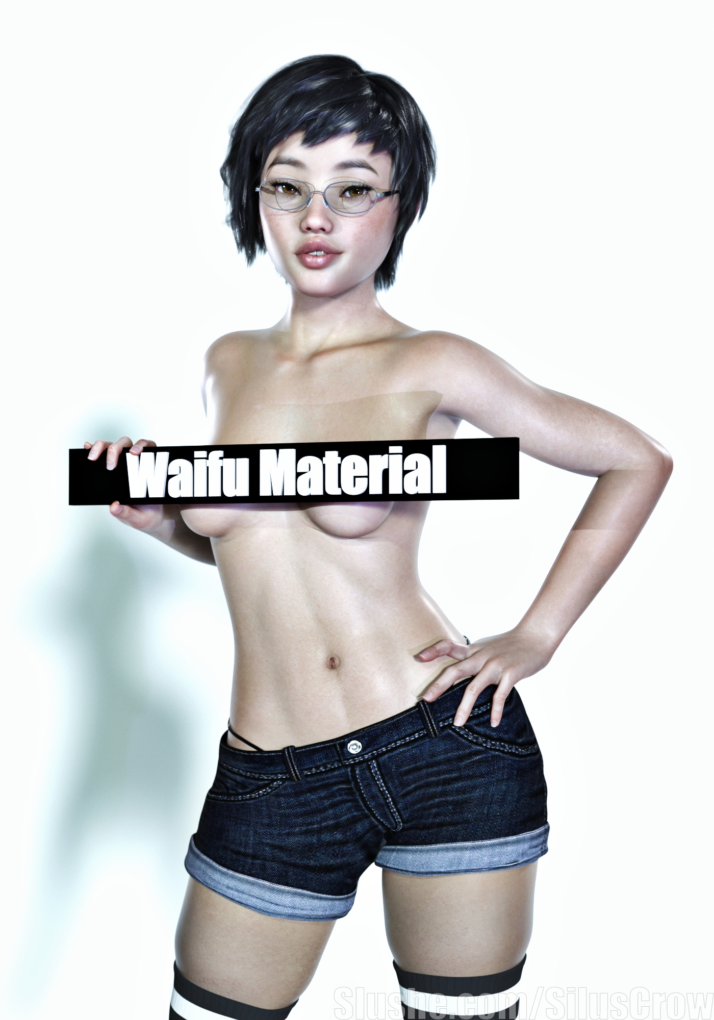 Waifu Material Original Glasses Goth Topless Pinup Solo 9