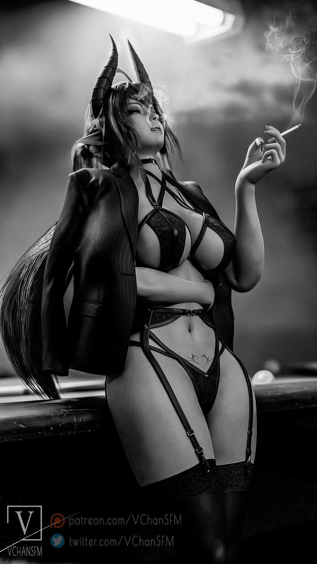 Sinia Noir Sinia Daemon Girl Big Tits Tits Rule34 Black And White Pool Table Cigarette Lingerie Garter Belt Bra