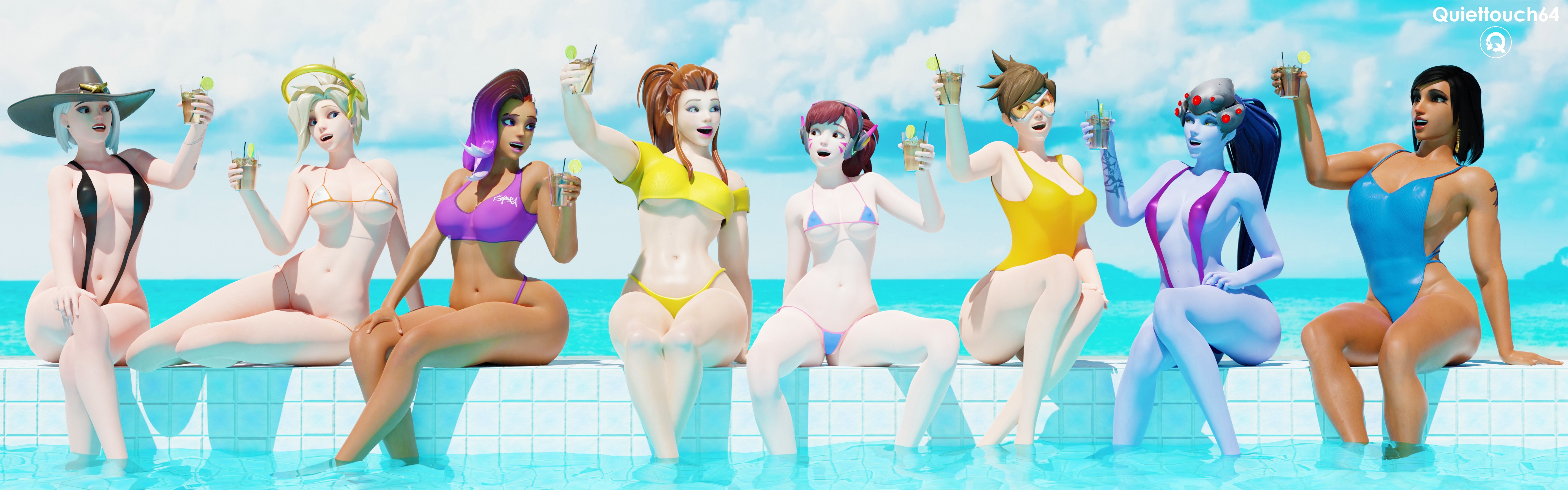 Cheers! Overwatch Ashe (overwatch) Mercy Sombra (overwatch) Brigitte Dva (overwatch) Tracer Widowmaker Pharah (overwatch) Pool Bikini Beach Naked